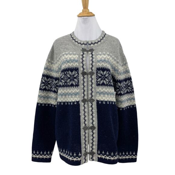 Susan Bristol Cardigan Womens M Medium Grey Navy Fair Isle Wool Metal Clasps - Picture 1 of 14
